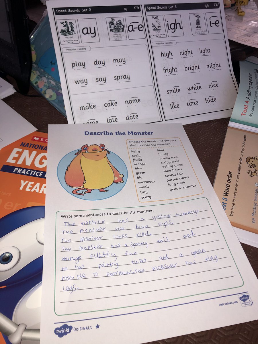 DeborahDixon38's tweet photo. S done her sounds this morning and I printed off a describe the monster from twinkle. She’s read her book and Now we’re on to an English workbook I bought. S is loving home learning 🤓📖📓 @MrsCook220715 @wynn19jaw https://t.co/l3OnlJFCfv