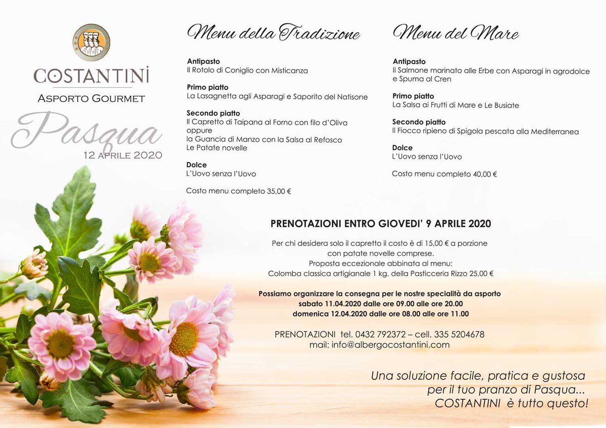 🕊 PASQUA con #Costantini Asporto Gourmet 
Due speciali menù da asporto
firmati dallo Chef Marco Furlano👇
