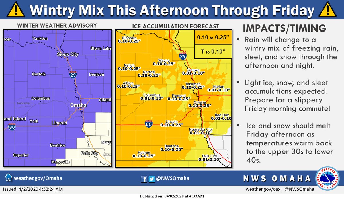 NWSOmaha's tweet photo. Rain will change to a wintry mix of freezing rain, sleet, and snow this afternoon and tonight. Plan for a slippery commute Friday morning. https://t.co/05CNyBcchi