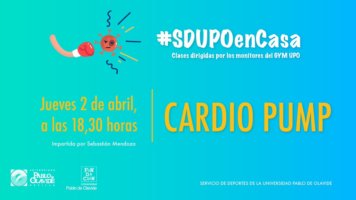 deportesupo's tweet photo. Buenos días, esta tarde de nuevo tenemos una clase de #cardiopump con nuestro compañero Sebastián Mendoza. Recuerda que de lunes a viernes, podrás seguir nuestras clases a través de nuestro canal de #youtube👉 https://t.co/nYXfKfQHii
#SDUPOenCasa https://t.co/uWGXVRUrZO