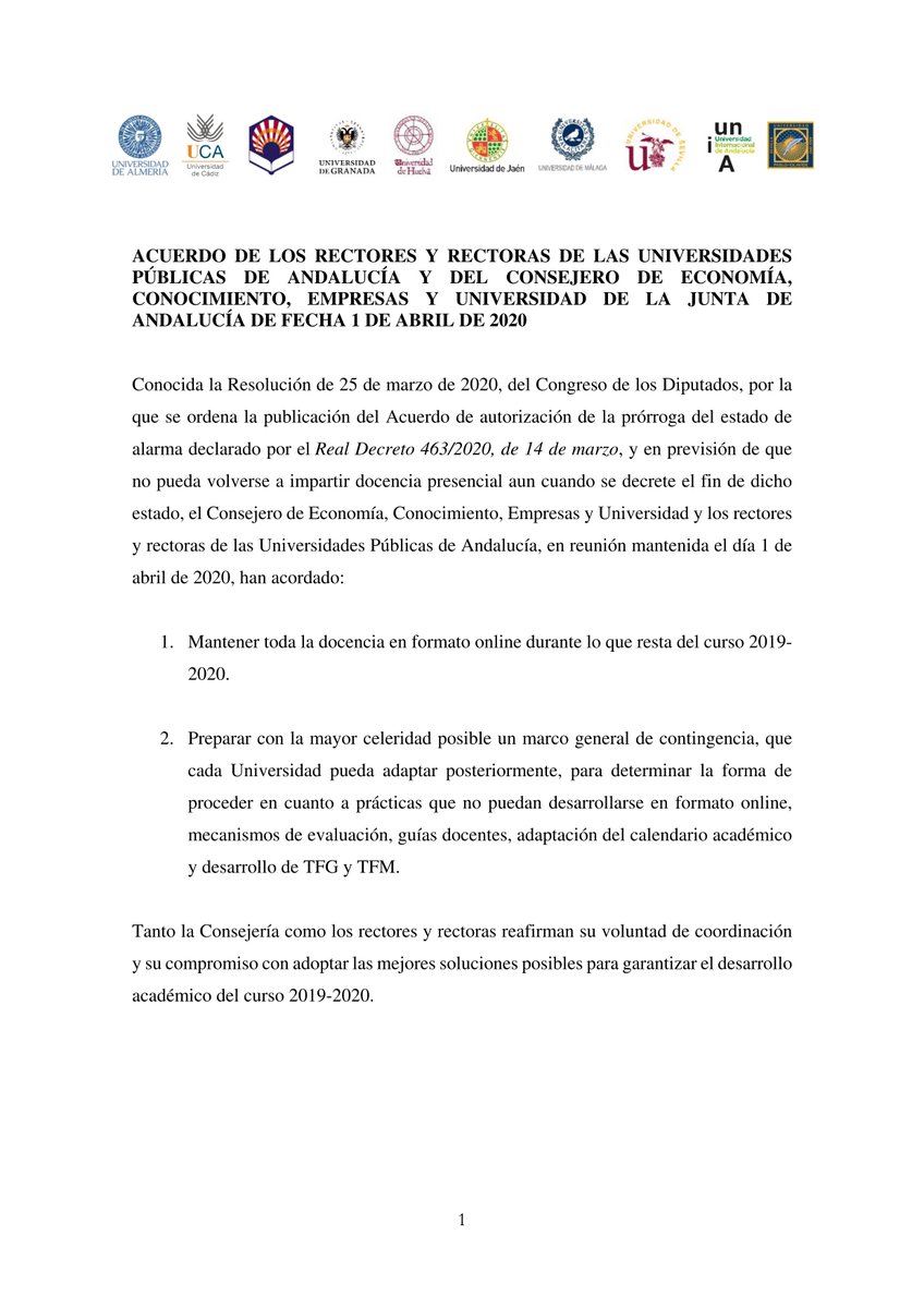 Nuevo Comunicado de Rectores de Andalucía:

Se mantiene toda la docencia en formato online durante lo que resta del curso 2019/2020 para toda la Universidad de Granada.
