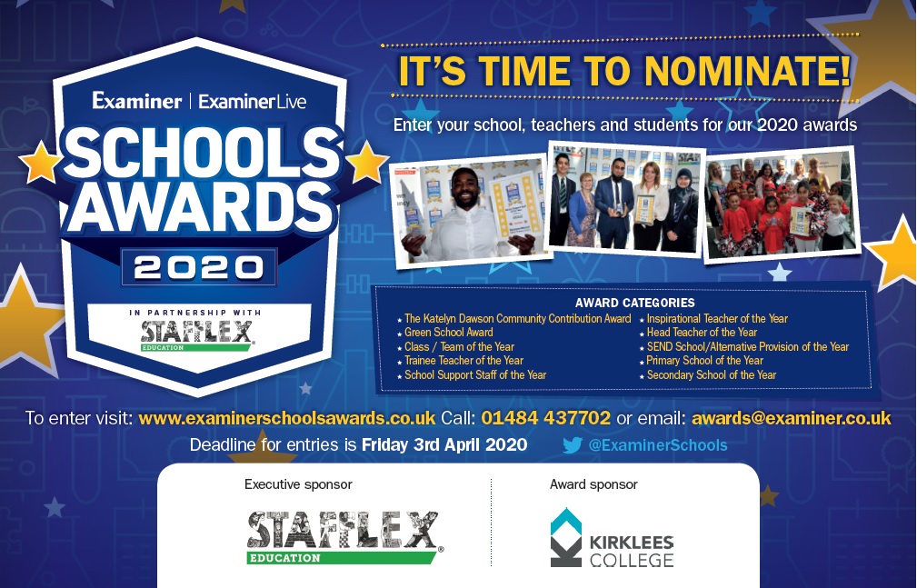 ExaminerSchools's tweet photo. LAST CHANCE TO ENTER! Deadline midnight tomorrow!
Now more than ever its important to recognise the hard work of our schools, teachers &amp; students! 
Enter @Examiner #SchoolsAwards in assoc @Stafflexjobs #Free2Enter #Free2Attend event 
@kirkleescollege
visit https://t.co/5MJ3KRp6xc https://t.co/Ufngexabnz