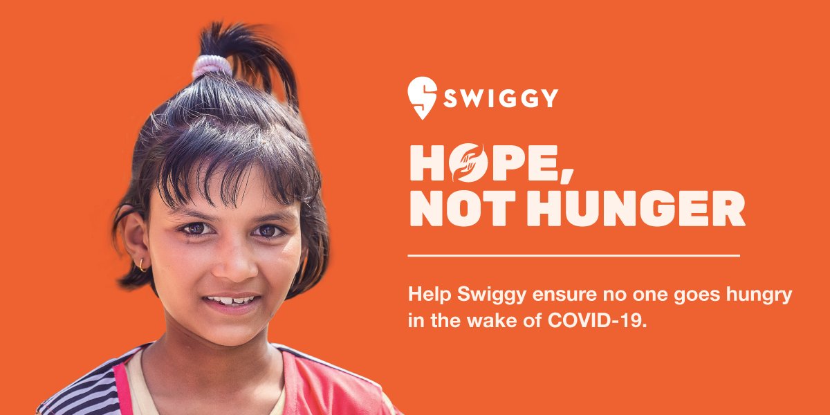 Swiggy's tweet photo. The COVID-19 national lockdown has left thousands of labourers unable to fend for a meal. The Swiggy ‘Hope, Not Hunger Fund’ aims to ensure that no family goes hungry. To join the effort, visit https://t.co/NmoftD1zM9 https://t.co/0Kf0sJJChD