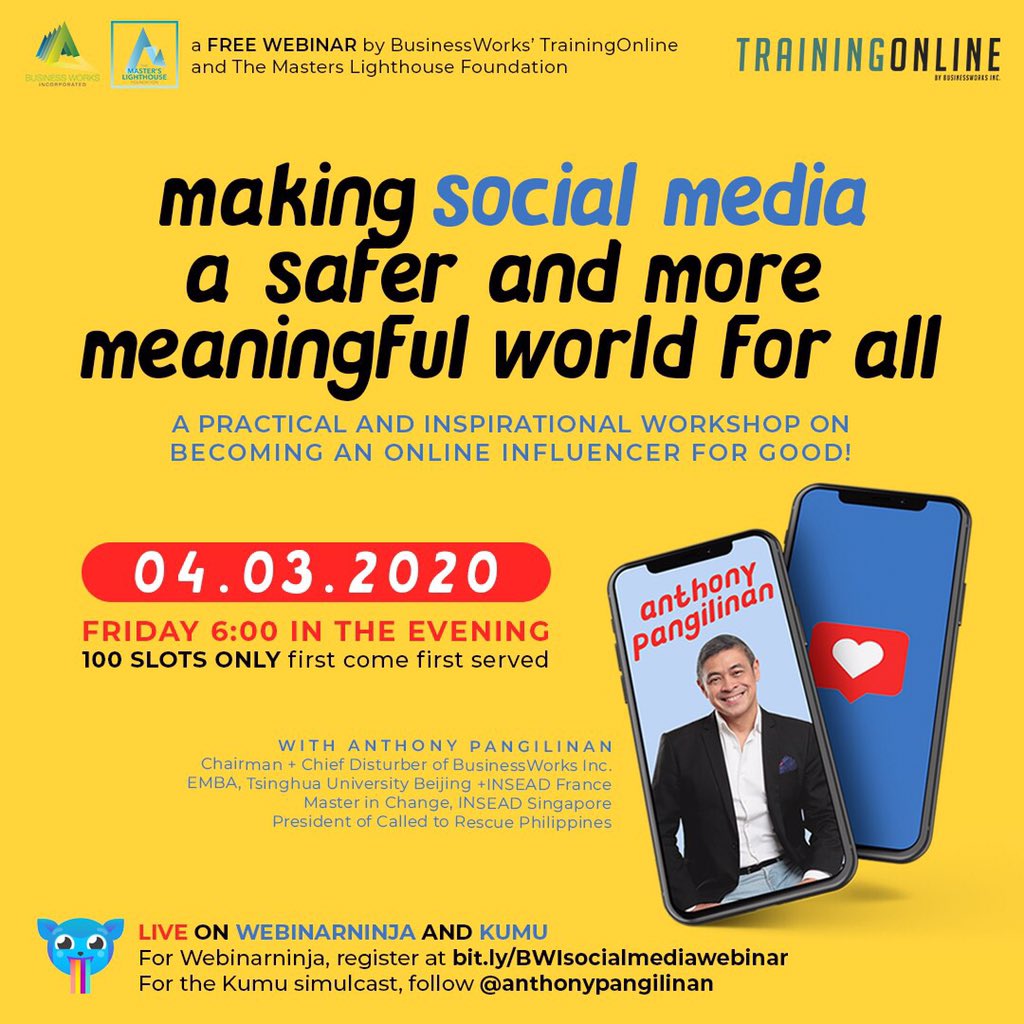 Join us as we talk about making social media a safer place for all — tomorrow at 6:00 PM on <a href="/kumuph/">Kumu - Pinoy Live Streaming App</a> and Webinarninja. 📱 #BWILearnFromHome