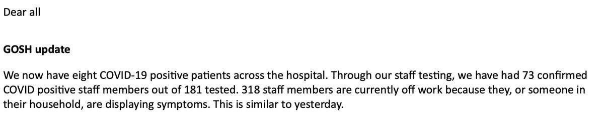 I received this circular to all staff from Great Ormond St hospital today. 73 out of 181 staff have tested positive and 318 staff members off sick. (THREAD 1)