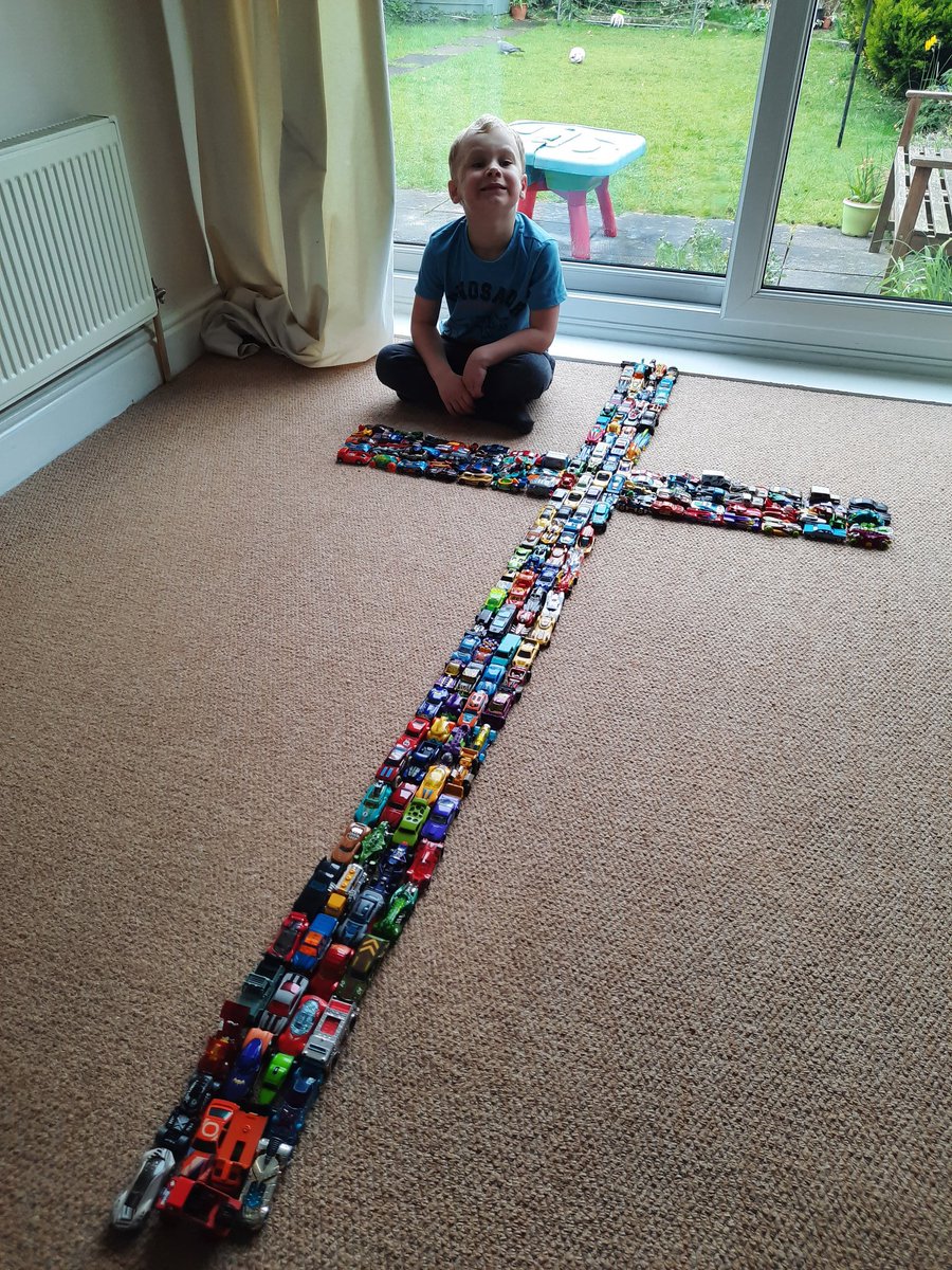 A cross made from Hot Wheels @halewoodcofe 
#Easterinanotherplace #receptionclass #homelearning