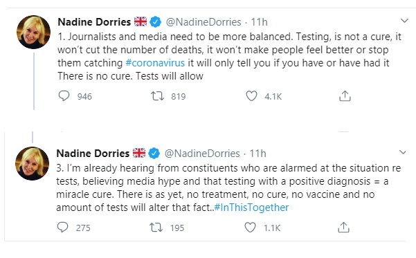 "Journalists and media need to be more balanced" says  @NadineDorries "Media hype" suggesting testing is a "miracle cure".Has anyone seen any newspaper/broadcaster/Tweeter suggest such a thing?(1/?)