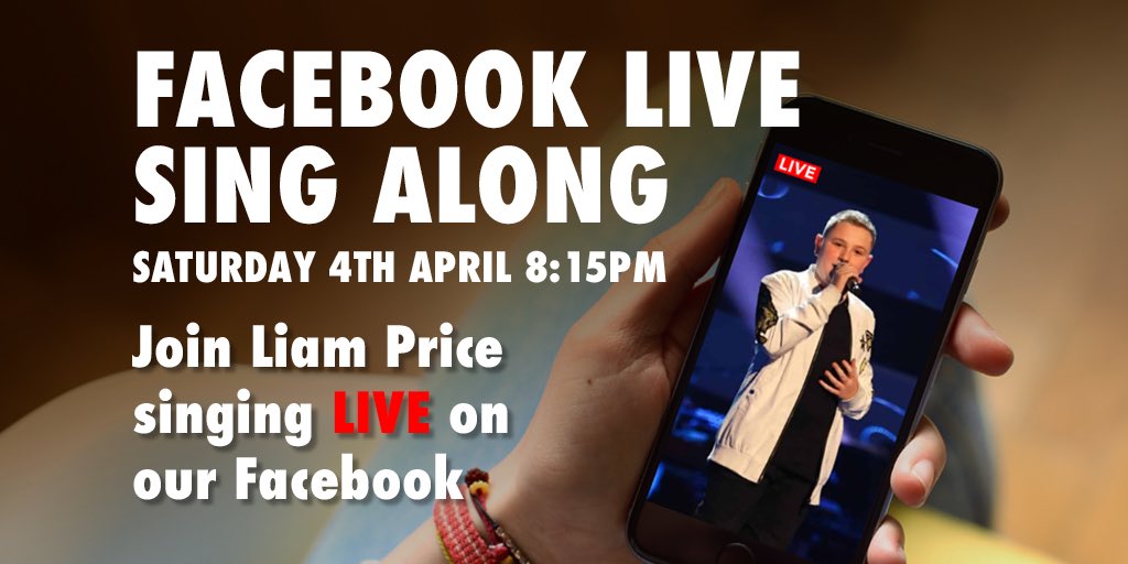 Saturday Night LIVE! 🎤

This Saturday, 4th April at 8:15pm, we are pleased to have the amazing @LiamPriceUK who appeared on The Voice. 

Liam will be taking over our Facebook stream &amp; singing LIVE from 8:15pm 🎬

Join us for a feel good sing-along. 🎶

Stay Home, Stay Safe.