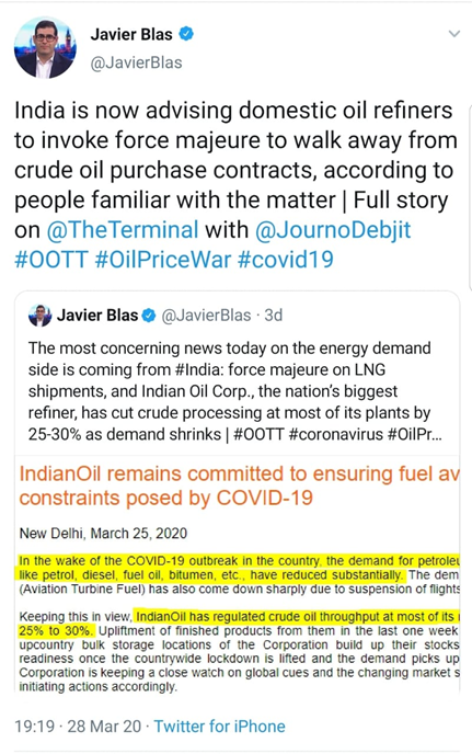 11/25D.OIL AND GASHPCL has invoked FMC on Iraqi oil to cancel 2 oil cargoes, as local fuel demand is hit by lockdown. GAIL has sent FMC to ONGC, Petro LNG. So has IOC to Middle East based players. It’s a chain reaction & complicated.See image.Read:  https://economictimes.indiatimes.com/industry/energy/power/shuttered-buyers-send-force-majeure-notices-to-energy-cos/articleshow/74920676.cms?from=mdr