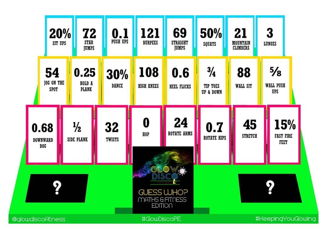 disco_glow's tweet photo. ⭐ PE AT HOME - ACTIVITY EIGHT ⭐ #GlowDiscoPE #KeepingYouGlowing
•Guess Who - Maths &amp; Fitness Edition •
• Cross-Curricular Links: Maths
• Skills: Speed, jumping, balance, flexibility, bending, coordination, strength, muscular endurance, landing, creativity, cardio and rhythm https://t.co/jBD1n9a2w4