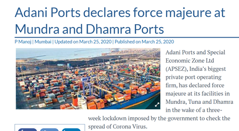 10/25C.PORTS and LOGISTICS: 7-8 ports (Krishnapatnam, Dhamra + Mundra (Adani Ports), Tuna, Gopalpur, Karaikal & Gangavaram) have declared FMC. The Ministry of Shipping has directed all ports to not levy penalties on port users for delay.Good read:  https://maritime-executive.com/article/india-invokes-force-majeure-on-major-port-operations