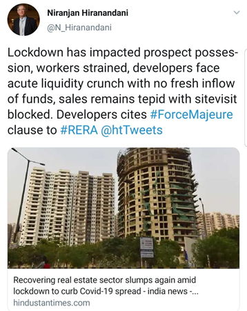 15/25H.REAL ESTATECovid-19 has aggravated the liquidity crunch in Real Estate and calls for FMC are arising. The views of the President of the Real estate body  #NAREDCO Mr. Niranjan Hiranandani in image.Allied good read:  https://corporate.cyrilamarchandblogs.com/2020/04/covid-19-impact-on-real-estate/