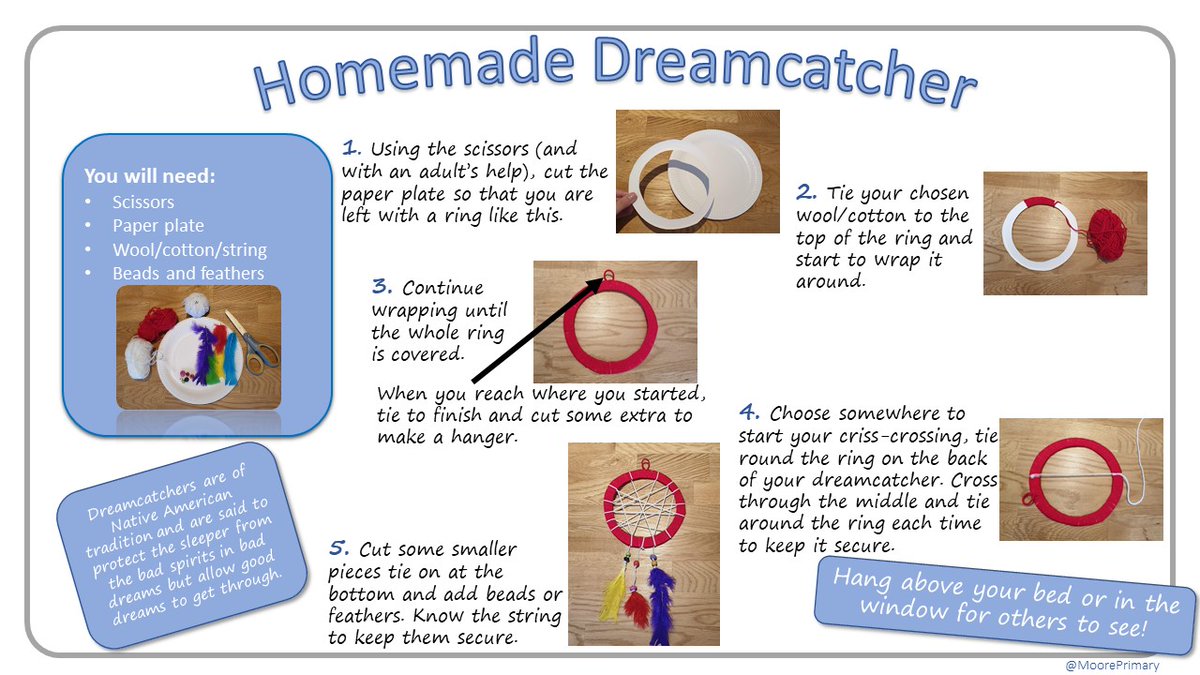 MoorePrimary's tweet photo. HOMEMADE DREAMCATCHER

Children may struggle to sleep because of the current situation so they could create their own dreamcatcher to hang above their bed to catch any bad dreams!
Or a rainbow-coloured one to hang in the window as a sign of hope! 🌈 #homeschool #crafts #teacher https://t.co/2GOPW4PIE2