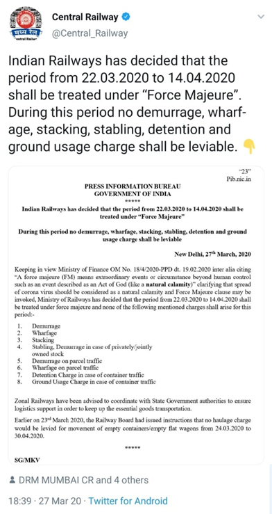 13/25F.RAILWAYSConsidering freeze on Central railway till April 14th, Indian railways has declared FMC and waived all charges levied due to detention of rolling stock, delays, etc. PS: This waiver co-incided with the bottoming out of IRCTC btw.