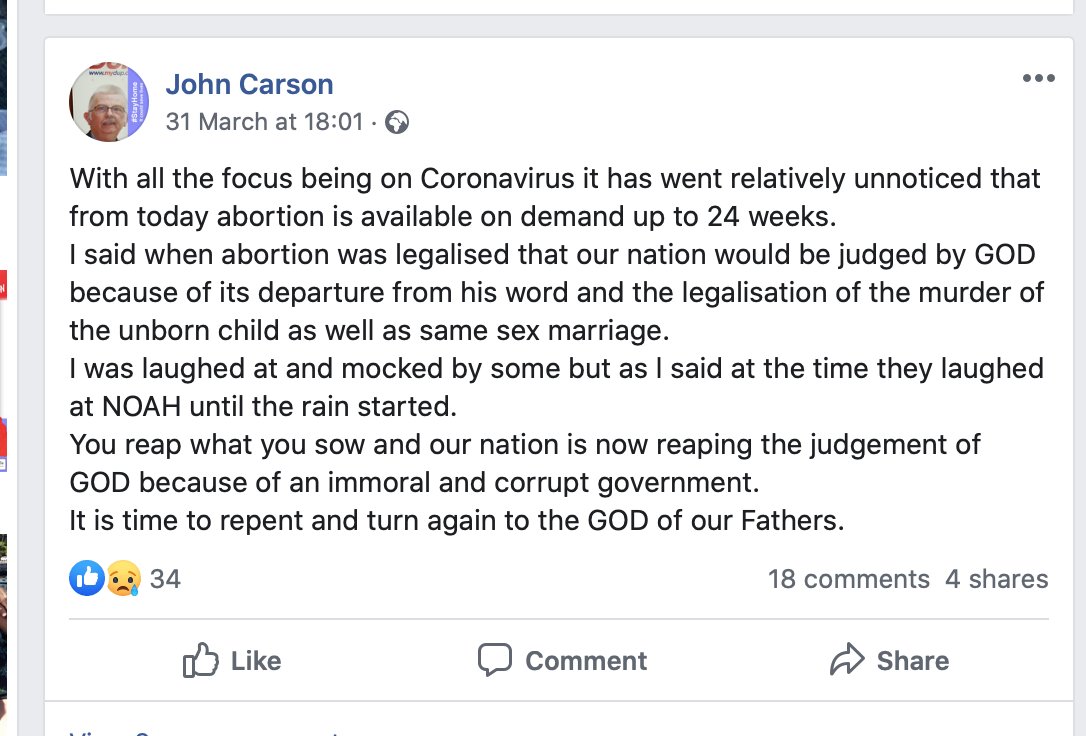 DUP Councillor John Carson here blaming same sex marriage and abortion legislation in the North for the Coronavirus outbreak: "You reap what you sow."