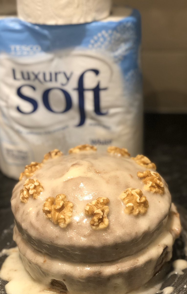 rebforman's tweet image. Love in the time of COVID19. Partner’s bday present from me consisted of a vegan carrot cake with runny cream cheese frosting, vegan banana bread (not pictured), and some sweet sweet tp. #coronavirusbaking #justkeepbaking #keepcalmandbake