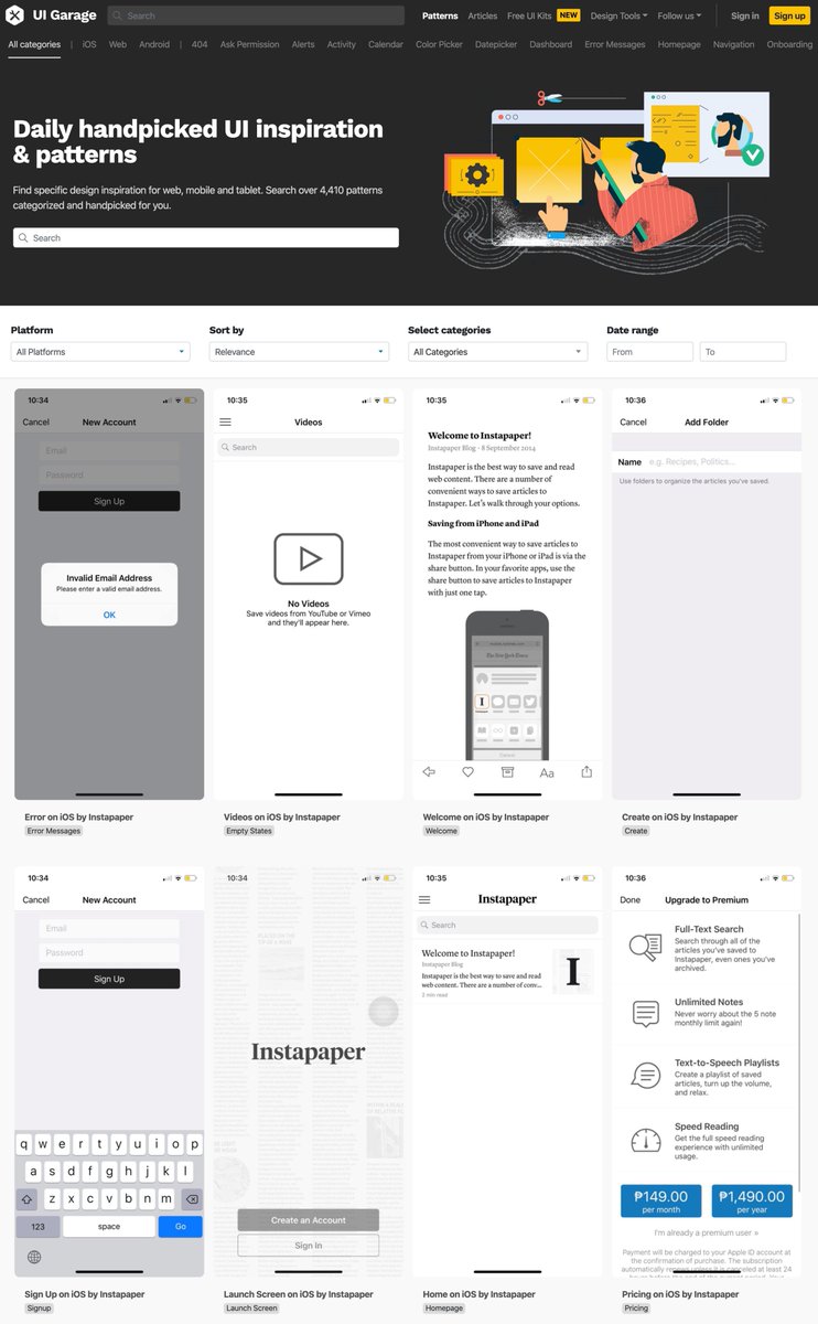 UI Garage 是一个每日精选一个优秀界面设计案例的网站，目前已收集 4410 个案例，包含 PC 端移动端。相比其他素材网站做得比较好的是，可以根据你查看的案例推荐其他类似案例，不断启发你。链接：uigarage.net