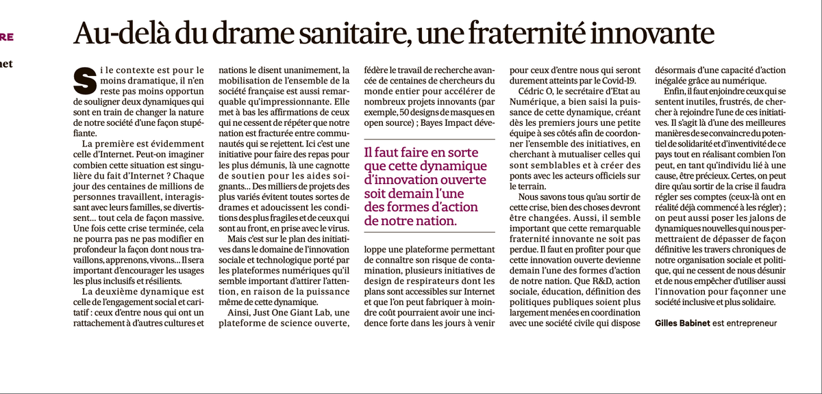 babgi's tweet photo. Une drame d'ampleur historique, qui pourrait rester dans les livres d'histoires comme une grande guerre ;  mais aussi l'occasion de remarquables initiatives de solidarités. Dans la technologie, c'est particulièrement marquant, et il faut en tirer les conséquences pour la suite https://t.co/Qe4r04h1Y3