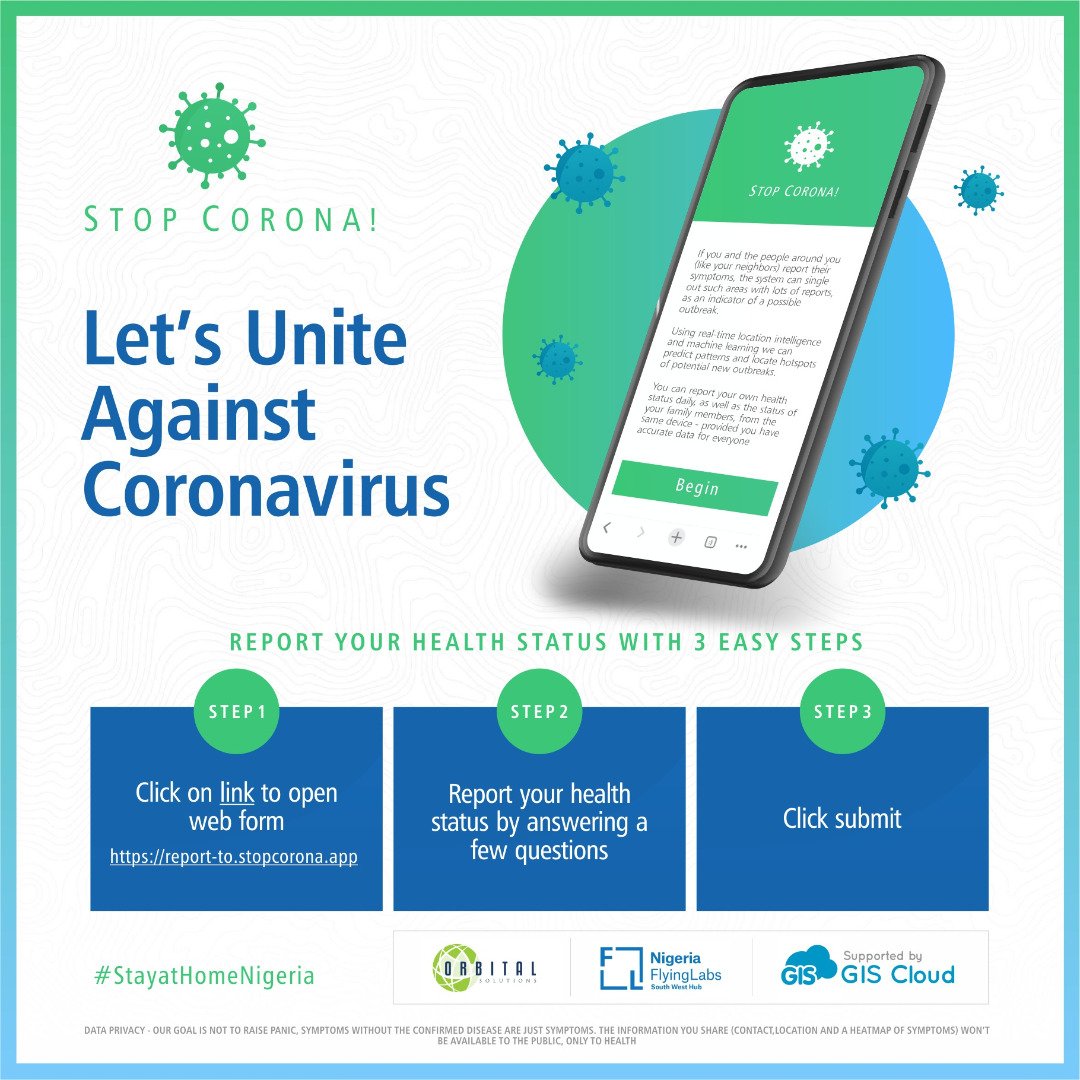 .<a href="/orbitalgis/">Orbital Solutions Global Services Limited</a> <a href="/NCDCgov/">NCDC</a> <a href="/ProfOsinbajo/">Prof. Yemi Osinbajo</a> <a href="/Fmohnigeria/">Federal Ministry of Health, NIGERIA</a> @FMHDSD contact us for real-time location enabled crowdsourced interactive map that has locations of reported symptoms and status of citizens with respect to COVID-19.