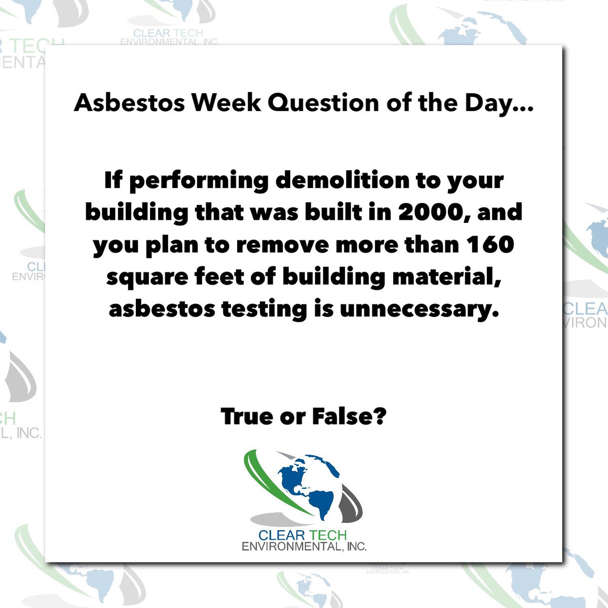 ClearTechEnv's tweet image. 7 days of asbestos trivia questions for a chance to win $100 Visa gift card. You’ll earn 1 entry into our drawing for every right answer and quadruple your chances by playing on LinkedIn, Facebook, Twitter and Instagram. Share this post on your timeline for extra credit.