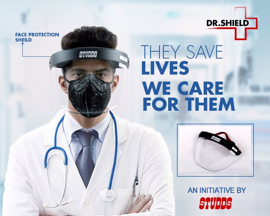Caring for those who care for life. #FaceProtectionShield for doctors & medical staff.
#DrShield - an initiative by #Studds 
#StuddsHelmets #CaringForAll #CaringForLife #CaringForDoctors #SafetyForDoctors #SafetyForMedicalStaff #SafetyForAll #SafetyFromCorona #SafetyFromCovid19