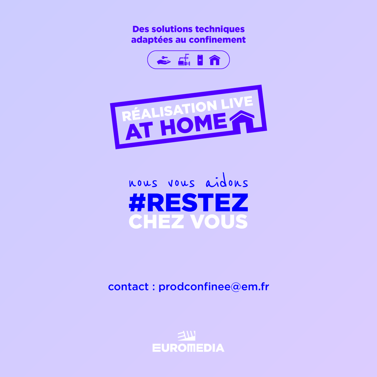 RFBYEUROMEDIA's tweet photo. NEW : LA PRODUCTION CONFINÉE ! Nos équipes proposent différentes solutions techniques adaptées au confinement : respect des mesures sanitaires et qualité de retransmission technique et éditoriale garantie. Ecrivez-nous à prodconfinee@em.fr #RestezChezVous #COVID19 https://t.co/xdyGWllh9t