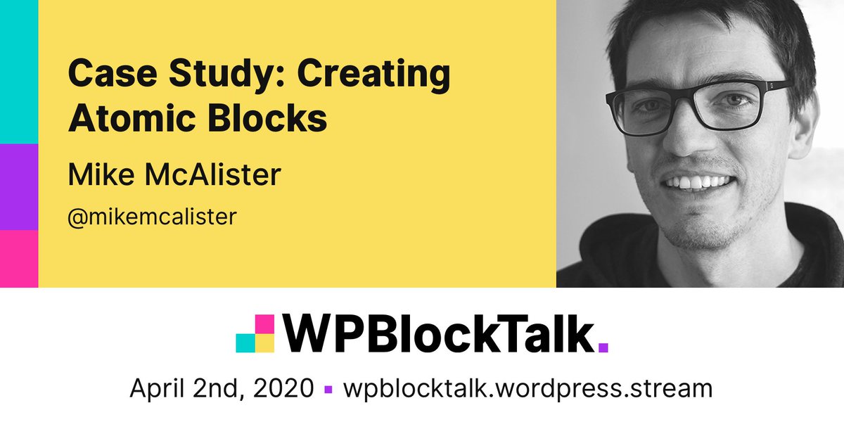 WPBlockTalk's tweet photo. Up next on #WPBlockTalk: @mikemcalister will share some of the thought and design process that goes into creating great blocks with atomic blocks.

Join us live now at https://t.co/9PGIAzmDS9 https://t.co/TvuYgRTYNz