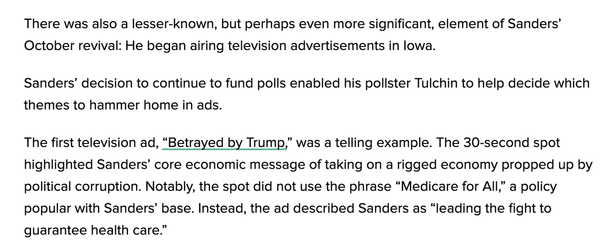 An overarching theme in the story: When expert campaign advice made Sanders uncomfortable, his discomfort usually took precedence.When he let experts do their thing, as in green-lighting polling in May and unlocking funding for TV ads in October, his fortunes generally rose.