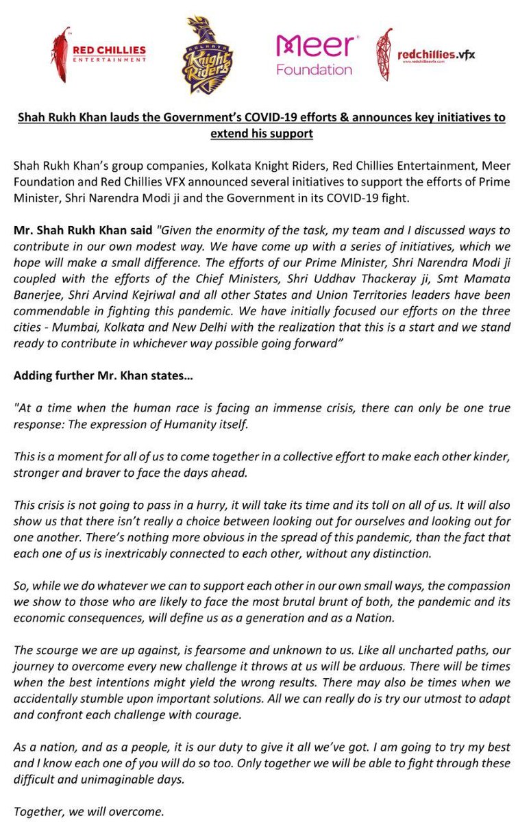 KomalNahta's tweet photo. Good initiative by Shah Rukh Khan in these troubled times. https://t.co/IFEaGCFWdU