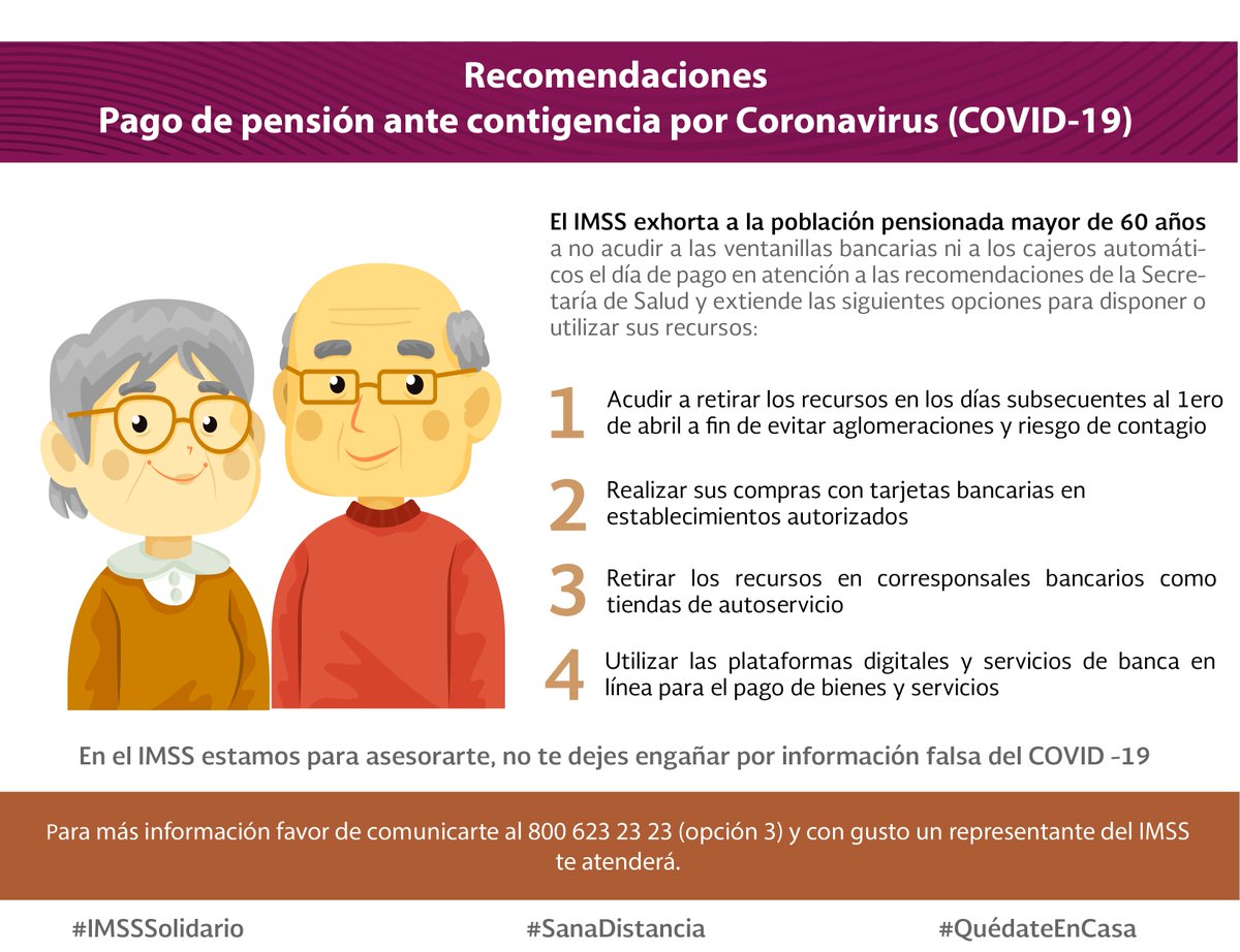 ARuizMaciel's tweet photo. 📌Recomendaciones de utilidad
@Tu_IMSS exhorta a la #PoblaciónPensionadaIMSS seguir las recomendaciones de pago de pensión ante la contingencia por #coronavirus para evitar riesgo de contagio.😷 #PrevenirEsTareadeTodasyTodos #QuedateEnLaCasa 🏡 #SanaDistancia https://t.co/dWQqKeqg2m