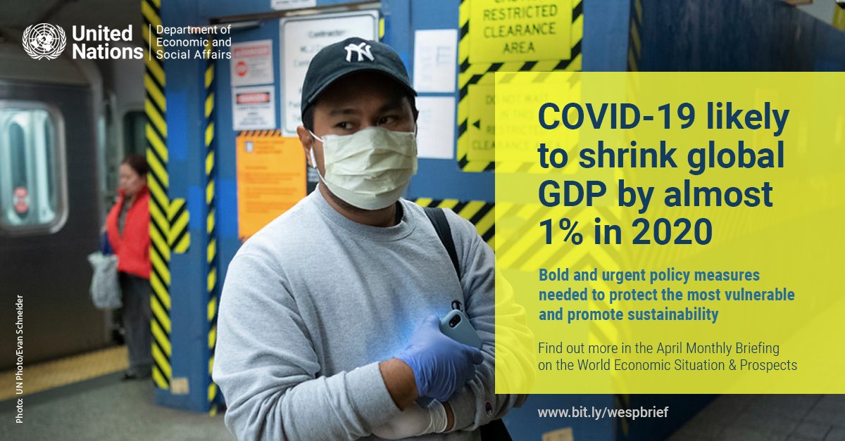 UNGeneva's tweet image. How hard has #COVID19 hit the world economy?
@UNDESA projects a 0.9% decline in global GDP, which could get worse if restrictions last beyond July. 

Governments must take bold and urgent action to protect the most vulnerable from economic ruin.
bit.ly/UNDESACovid