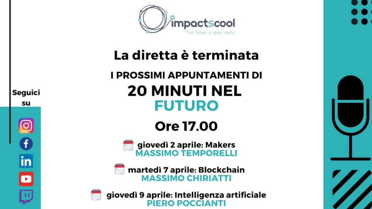 francy_0207's tweet photo. Pronta per i #20minutinelfuturo di oggi, con un ospite che lavora, pensa e agisce nel futuro: Massimo #Temporelli, divulgatore, imprenditore e presidente di #FabLab Milano.

A tra poco, sui canali @YouTube e @Twitch di @impactscool!

#makers
#COVIDー19
#iorestoacasa https://t.co/VWSaNtdyd8