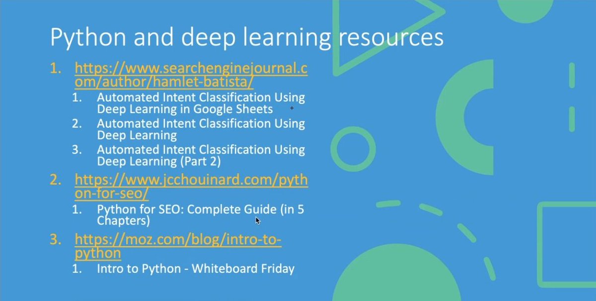Resources from <a href="/hamletbatista/">Hamlet Batista</a> presentation on #SEO4Life

- searchenginejournal.com/author/hamlet-…
- jcchouinard.com/python-for-seo/
- moz.com/blog/intro-to-…