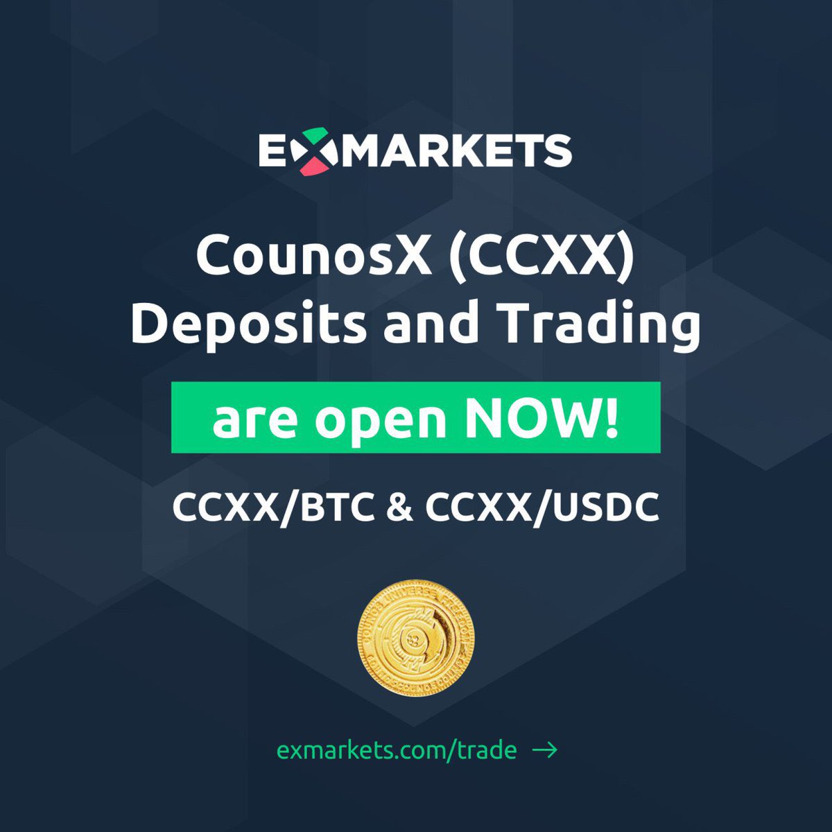 ex_markets's tweet photo. NEW #COIN LISTING ON https://t.co/o6NMjqfWN1 - CounosX (CCXX)
Available #pairs: CCXX/BTC; CCXX/USDC
https://t.co/36eKWa7lFc
https://t.co/gxt9kQXbRq

Visit https://t.co/lUNRZEM0tE to get to know #CCXX at more detailed way.
.@counoscoin #listing #pair https://t.co/7YVv7DtvYu