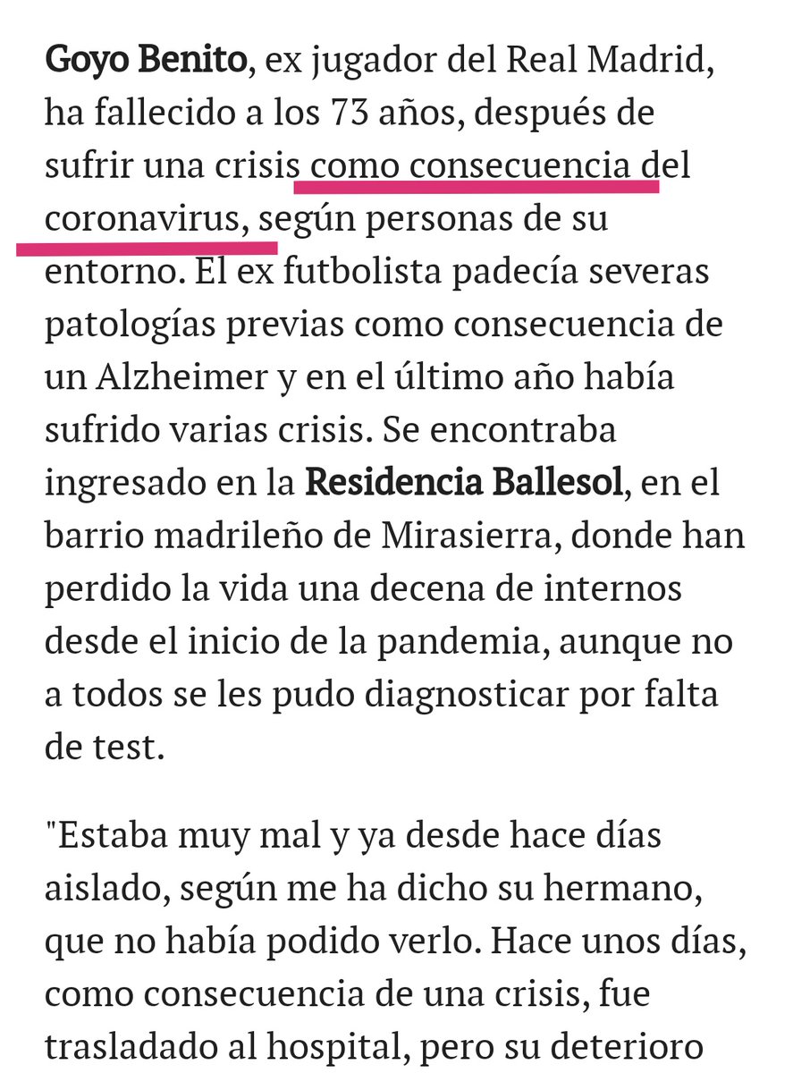 ⛔ BULO de <a href="/rtve/">RTVE</a>. "Muere Goyo Benito,... El exfutbolista ha fallecido a los 73 años después de una larga enfermedad".

⚠️ Media verdad: Si bien es cierto que arrastraba una larga enfermedad (Alzheimer), ha fallecido como consecuencia del coronavirus.