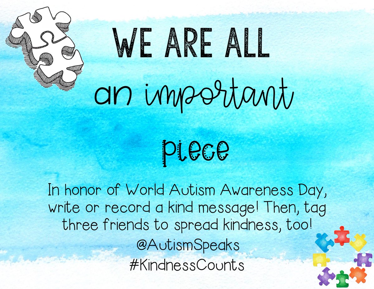 LyonsMill's tweet photo. Today is World Autism Awareness Day!  Today’s challenge has you drawing a picture, taking a photo, or making a video to show what kindness is!  We are all important pieces of the puzzle let’s show everyone #kindnesscounts  at LMES! 
#WorldAutismAwarenessDay https://t.co/hf0QTKJBJd