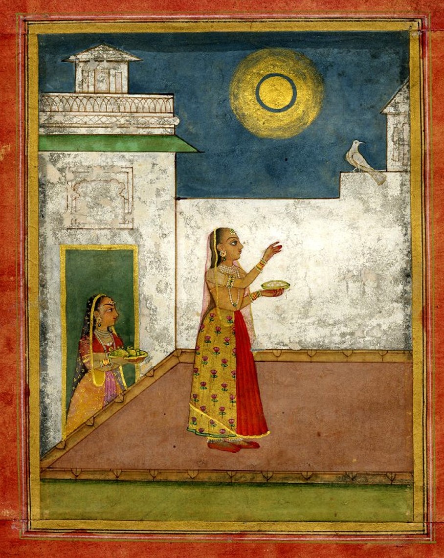 "Woman Feeding a Bird in the Moonlight", India, Ragamala Miniature Painting, Rajasthan School, Early 1800s