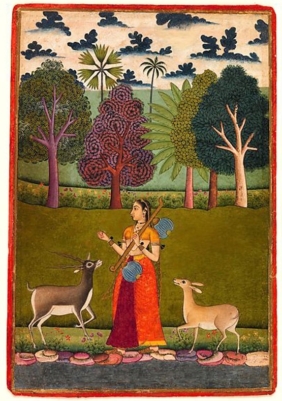 "Todi Ragini: "A Lady with a Vina Attracts two Deer", India, ca.1700, Opaque watercolor on paper, 9 15/16" x 6 5/8"