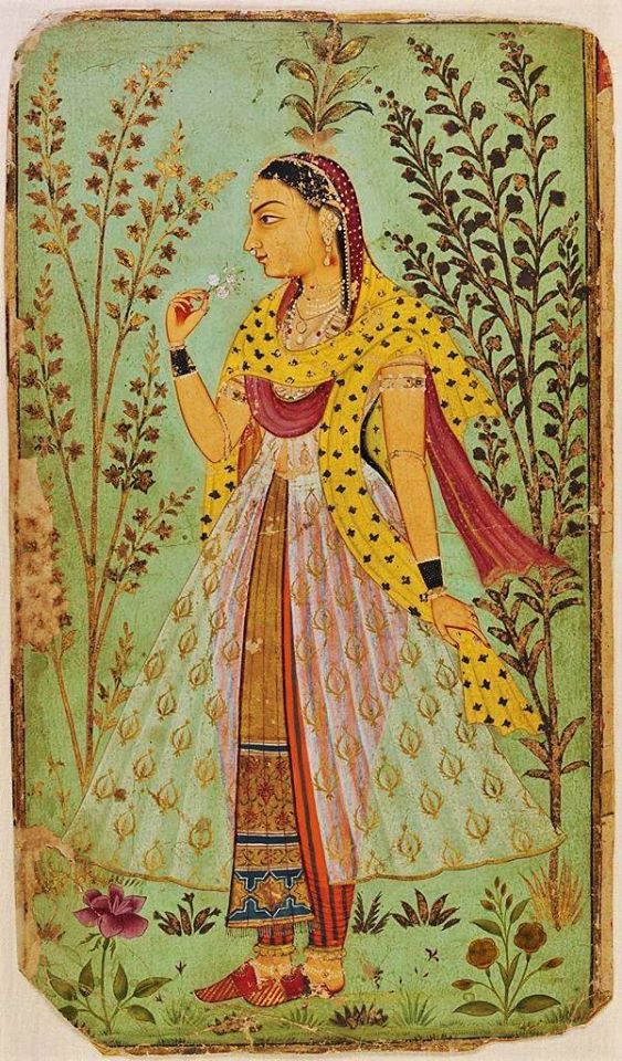 "Portrait of a Lady with Flowers", India, Rajasthan, late 17th Century, Opaque watercolor on paper, 12 3/8" x 7"