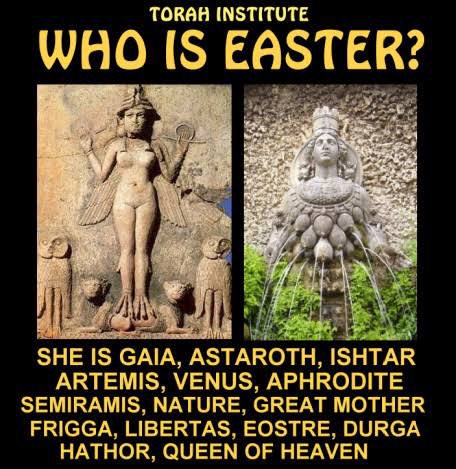 Hay mucho más detrás de ISHTAR, como la pascua o EASTER DAY. Ishtar subió del inframundo sobre la luna, que es representada por el huevo y el Domingo de resurrección fue cuando Ishtar resucitó a Tammuz hijo del Dios Sol y La Luna.