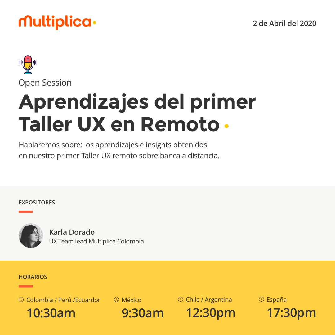 multiplica's tweet image. En breve empieza nuestra edición especial de #OpenSessionMX con Karla Dorado Riesco. ¡No te la pierdas! Compartiremos los aprendizajes de nuestro primer Taller UX remoto.

#QuédateEnCasa y únete a la reunión aquí : zoom.us/j/907069142