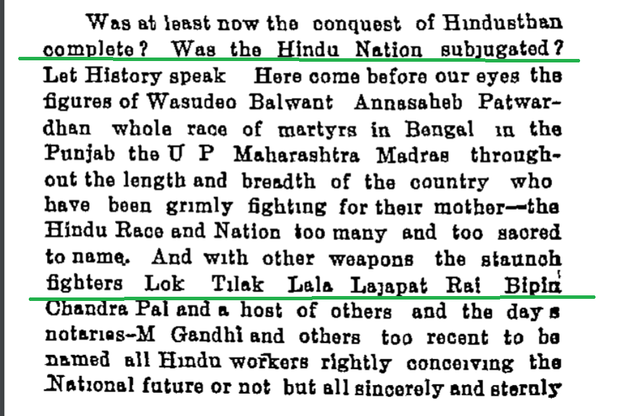 Golwalkar then applauds the the freedom fighters of India of India like Lala Lajpat Rai, Bipin Chandra Pal for "fighting British".He says fight is still on. There might be setbacks but the war shall go on.Golwalkar urges Hindus to strike down the British enemy's hosts