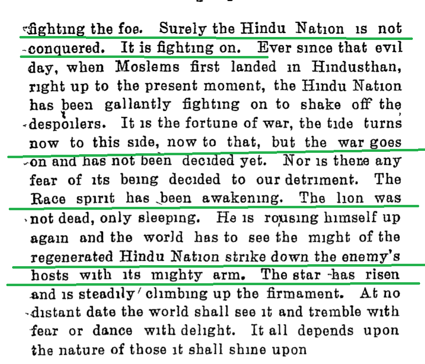 Golwalkar then applauds the the freedom fighters of India of India like Lala Lajpat Rai, Bipin Chandra Pal for "fighting British".He says fight is still on. There might be setbacks but the war shall go on.Golwalkar urges Hindus to strike down the British enemy's hosts