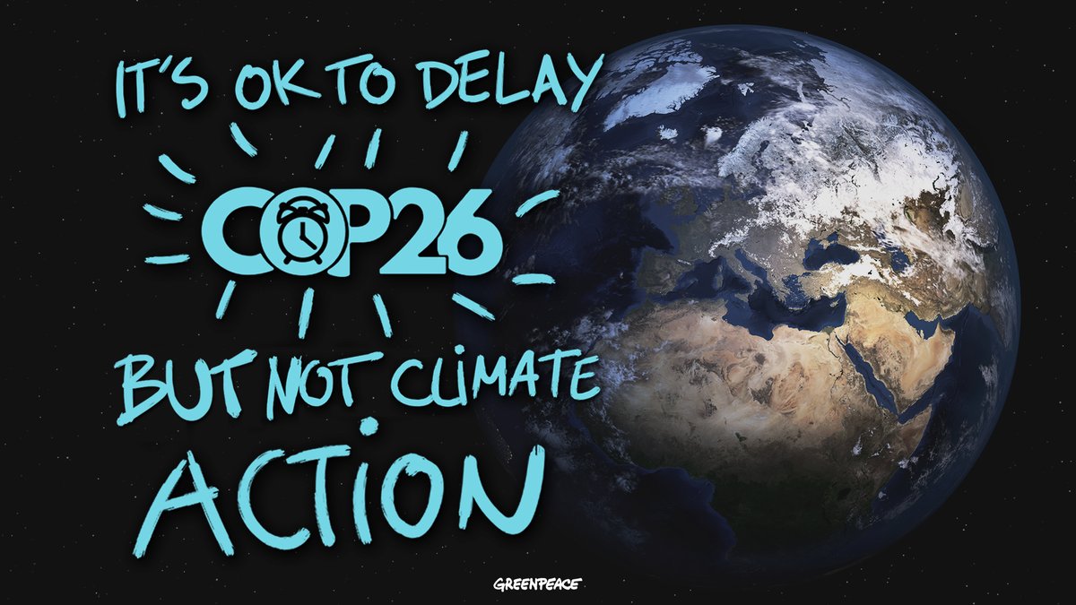 GreenpeaceEU's tweet photo. Delaying #COP26, doesn't delay promises.

EU leaders must take this moment to ensure public money goes to caring for people, building resilient communities and reducing emissions and other forms of pollution.

#Covid19 #EUGreenDeal

https://t.co/8t6bYxBCuW https://t.co/YgsNZVBrJr