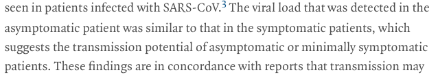 2/ We know from some limited data that viral load is similar early in the course in both symptomatic/asymptomatic patients.  @NEJM  https://www.nejm.org/doi/full/10.1056/NEJMc2001737