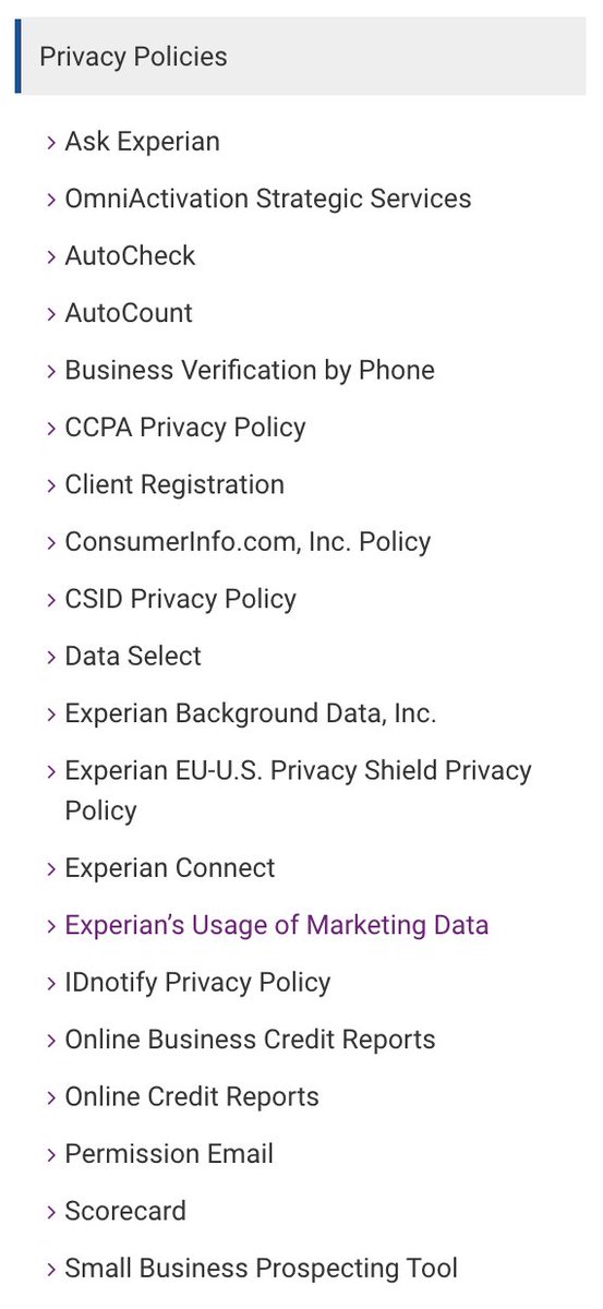 (3) Experian has 20 different privacy policies. I& #39;m not gonna check them all, but I really doubt any of them mention  @cuebiq by name either. Experian& #39;s policy on usage of marketing data doesn& #39;t say anything about sharing location, though. 6/x  https://www.experian.com/privacy/m...