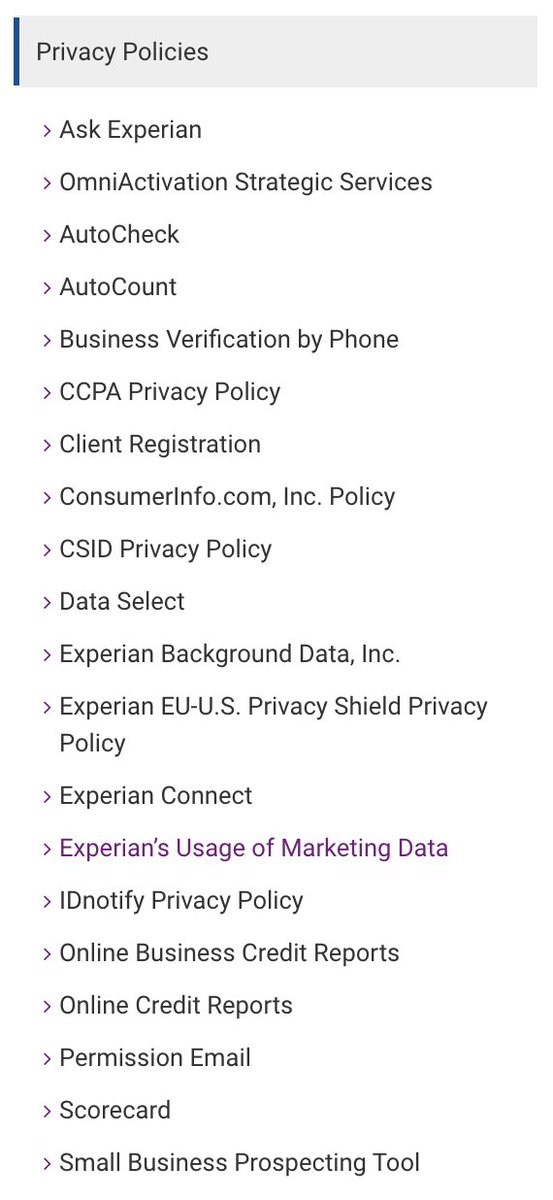 (3) Experian has 20 different privacy policies. I'm not gonna check them all, but I really doubt any of them mention  @cuebiq by name either. Experian's policy on usage of marketing data doesn't say anything about sharing location, though. 6/x  https://www.experian.com/privacy/marketing-data-practices-and-policies