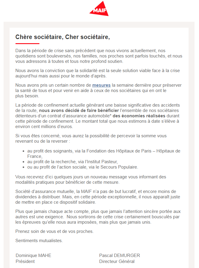 👏<a href="/MAIF/">MAIF</a> qui rend 100 M d'€ à ses sociétaires et leur permet de les reverser au profit des soignants, de la recherche et de l’action sociale. L'#entrepriseamission ce n'est pas un slogan, ce sont des actes et des preuves. Des contributions positives et à #impact. #10pourcent