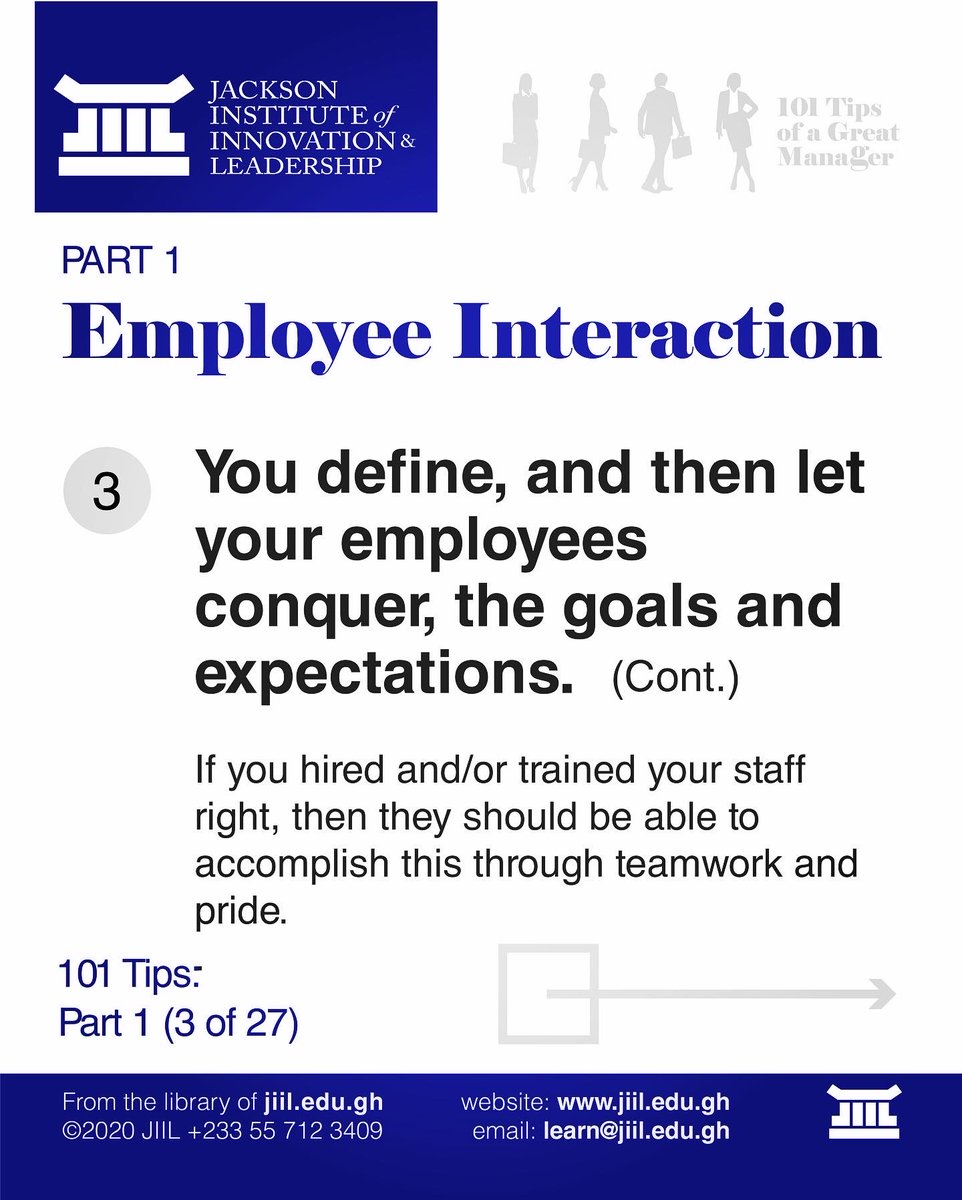 JiilEduGh's tweet image. 101 Tips of a Great Manager

#Tip3 #Slide2

#YouDefineAndThenLetEmployeesConquer

#101Tips #Manager #Employee #GreatManager #Leader #JIIL #LearnatJIIL #EmployeeInteraction #employer #workplace #LeadershipLessons #EmployeeEngagement #goals #expectations #targets