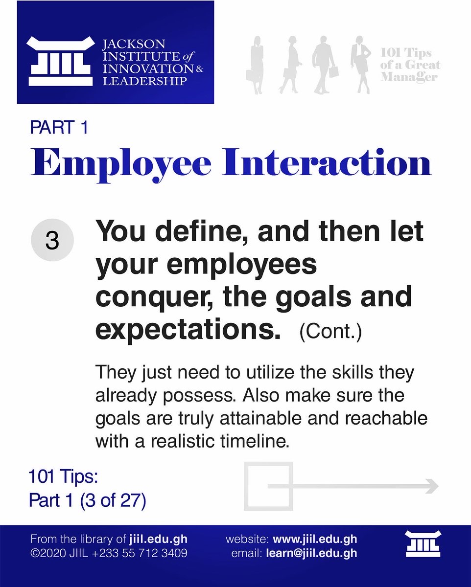 JiilEduGh's tweet photo. 101 Tips of a Great Manager
#Tip3 #Slide4
#YouDefineAndThenLetEmployeesConquer
#101Tips #Manager #Employee #GreatManager #Leader #JIIL #LearnatJIIL #EmployeeInteraction #employer #workplace #LeadershipLessons #EmployeeEngagement #goals #expectations #targets https://t.co/U0PnAFhetR